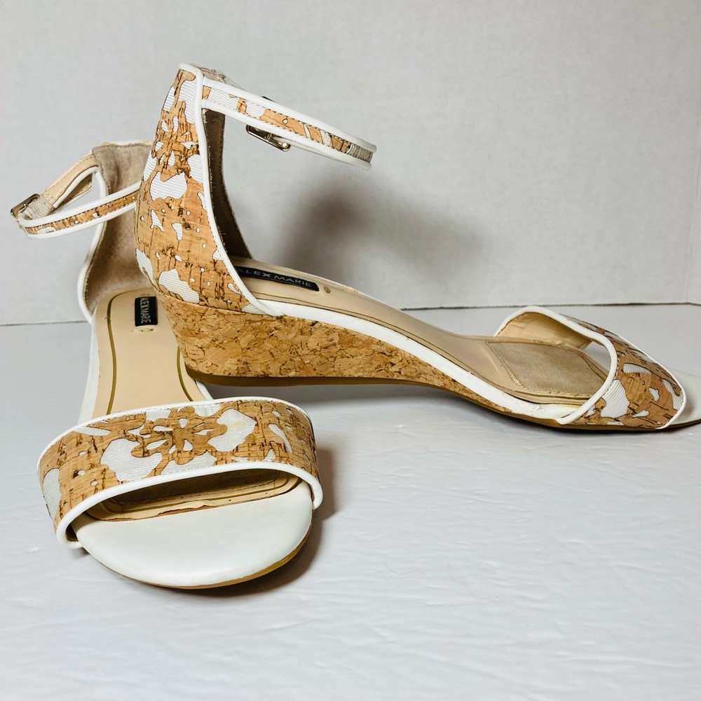 ALEX MARIE Ankle Strap Cork Wedge Sandals Fabric & Cork Floral Cut-outs Size 7.5